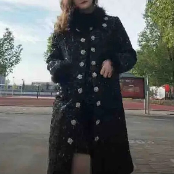 🎁 Gorgeous Black Sequin Faux Fur Long Jacket - Picture 10 of 10